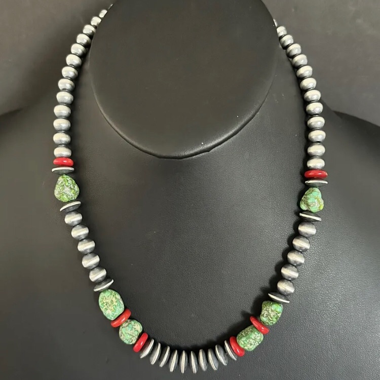 Sterling Silver Pearls Sonoran Gold Turquoise Coral Bead Necklace 20 Inch